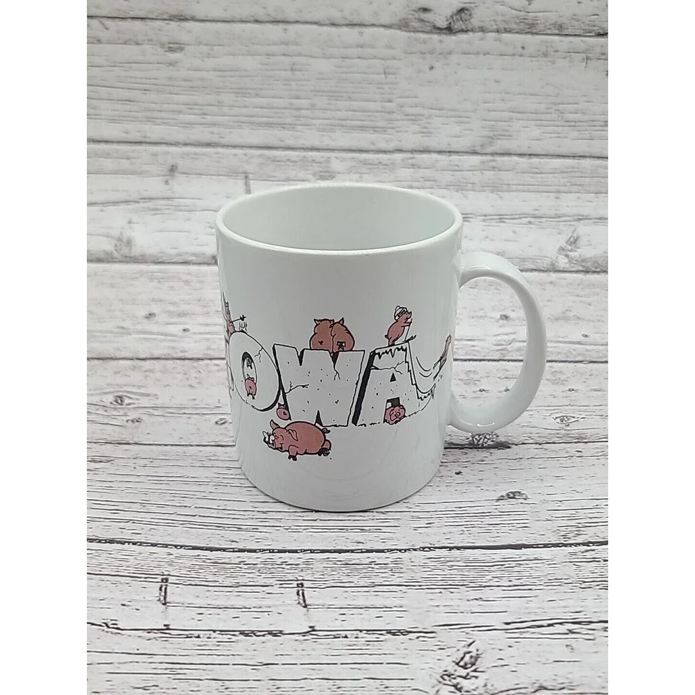 Iowa Pigs Coffee Mug Cup White Black Letters Pink Pigs